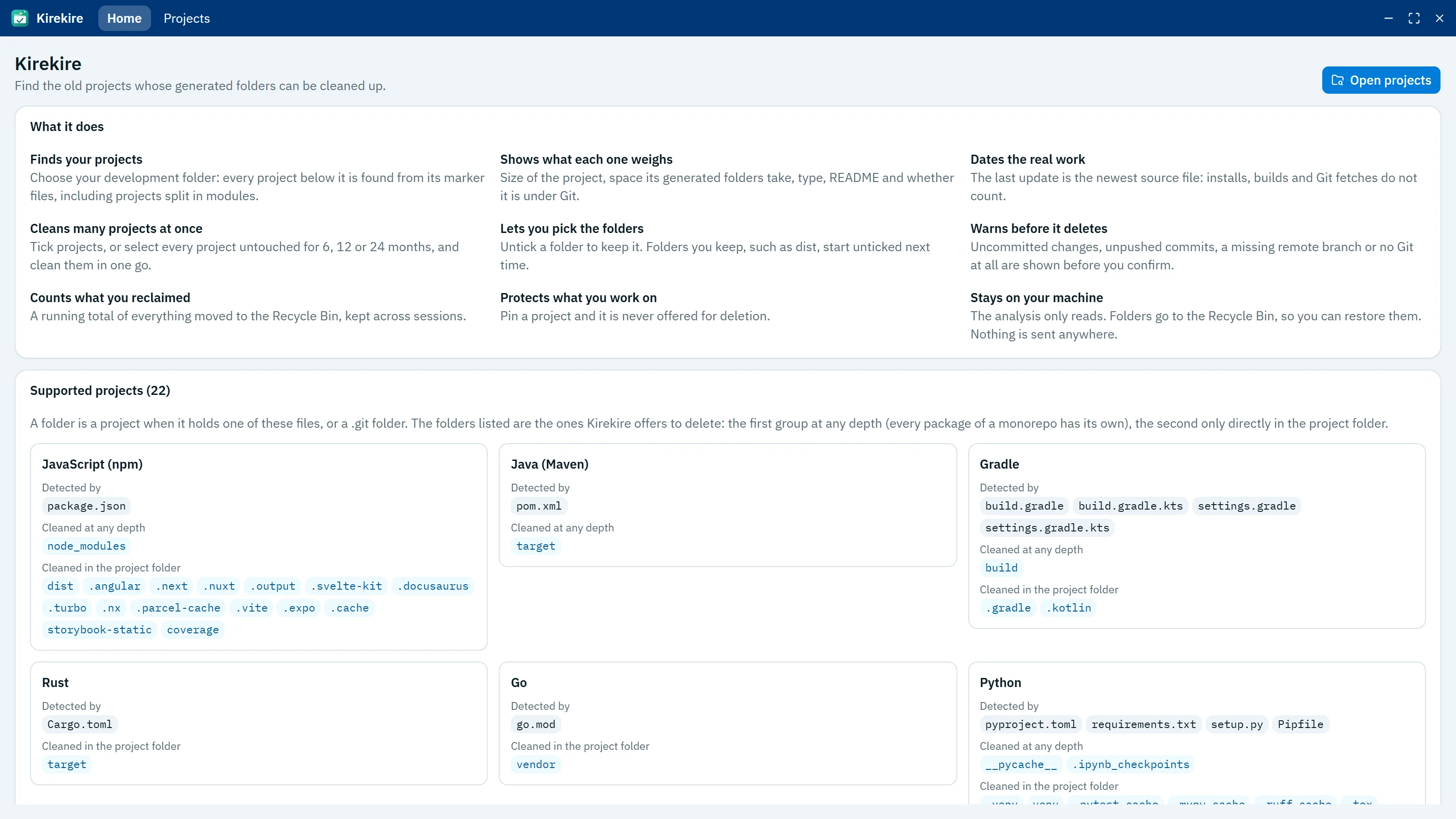 The home page: what Kirekire does, then every supported project type with the files that identify it and the folders it cleans.